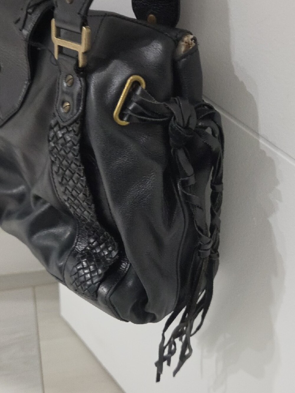 Cole Haan Village Weave Black Leather Shoulder Bag (As-Is / Wear) - Picture 3 of 16